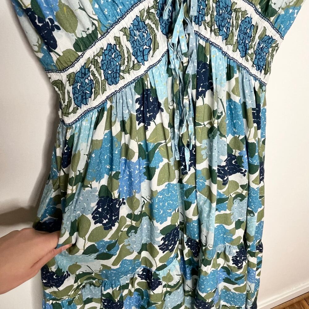 Bindu Aria Maxi Dress XS Blue Floral Cotton Resort Pockets - Picture 8 of 12